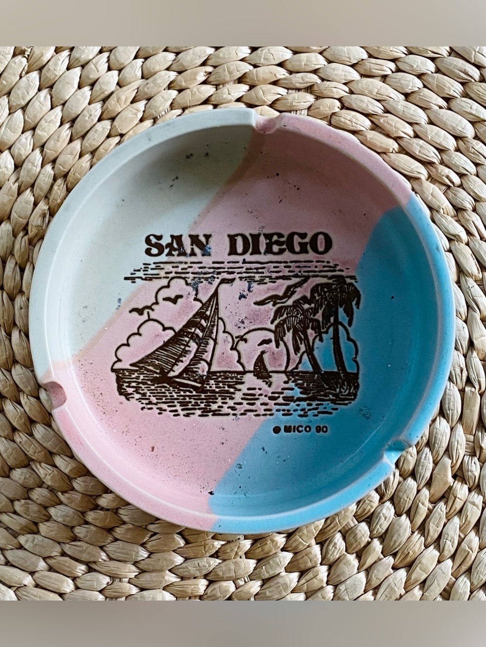 Vintage 1990 San Diego Souvenir Ceramic Ashtray Pastel Pink Blue Tan Color Block